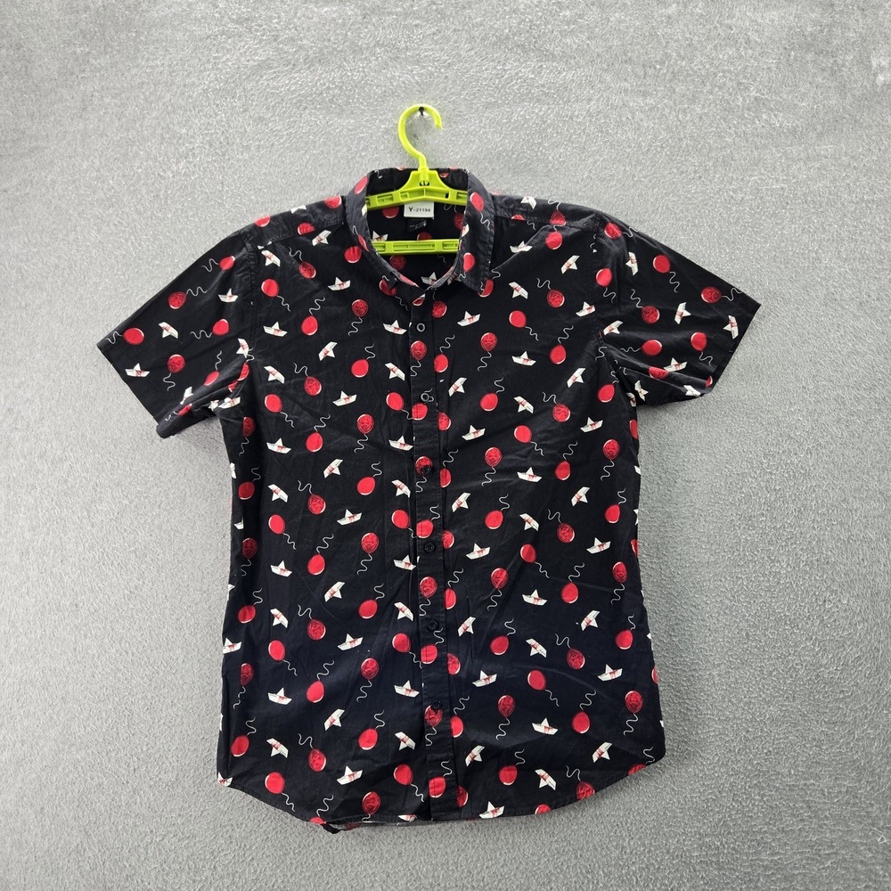 IT Chapter Two Men Button Up Shirt L Black Graphic‎ Print Balloons Paper Boats